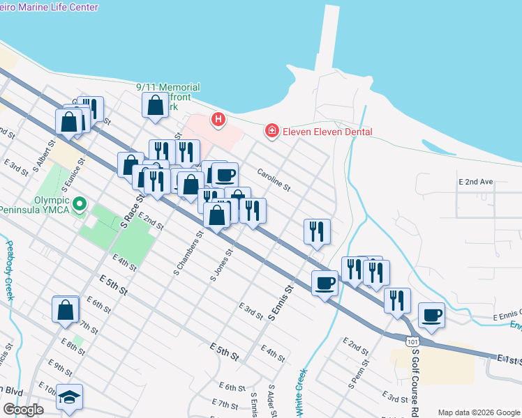 map of restaurants, bars, coffee shops, grocery stores, and more near 1130 Georgiana Street in Port Angeles