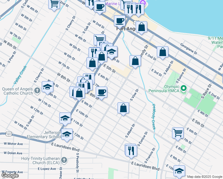 map of restaurants, bars, coffee shops, grocery stores, and more near 317 East 7th Street in Port Angeles