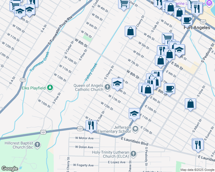 map of restaurants, bars, coffee shops, grocery stores, and more near 224 W 10th St in Port Angeles