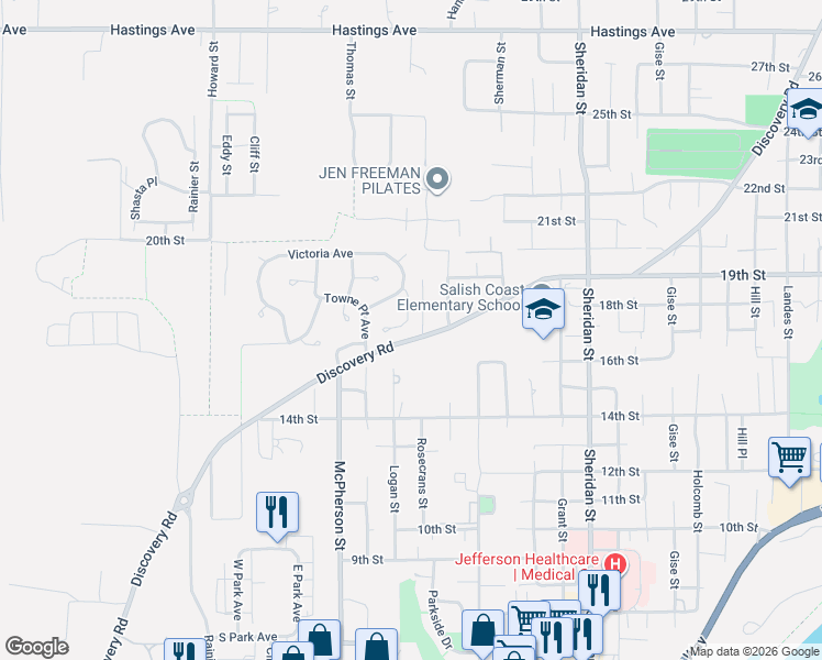 map of restaurants, bars, coffee shops, grocery stores, and more near 2016 Queen Anne Place in Port Townsend