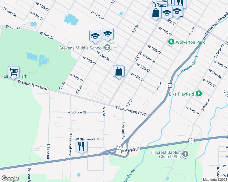 map of restaurants, bars, coffee shops, grocery stores, and more near 1012 West 17th Street in Port Angeles