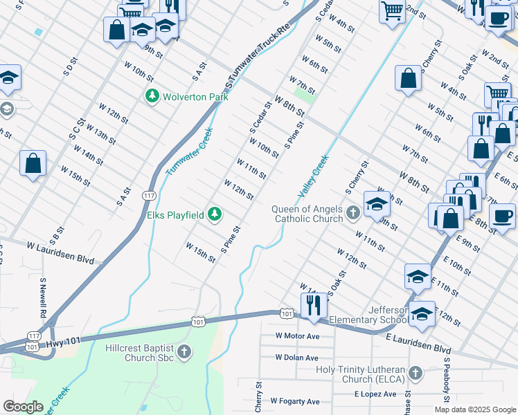 map of restaurants, bars, coffee shops, grocery stores, and more near 1203 S Pine St in Port Angeles