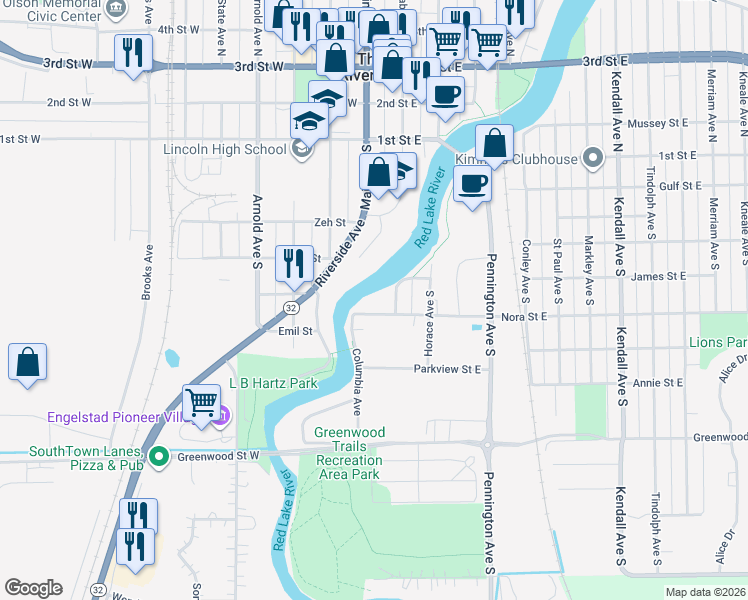 map of restaurants, bars, coffee shops, grocery stores, and more near 113 Nora Street East in Thief River Falls