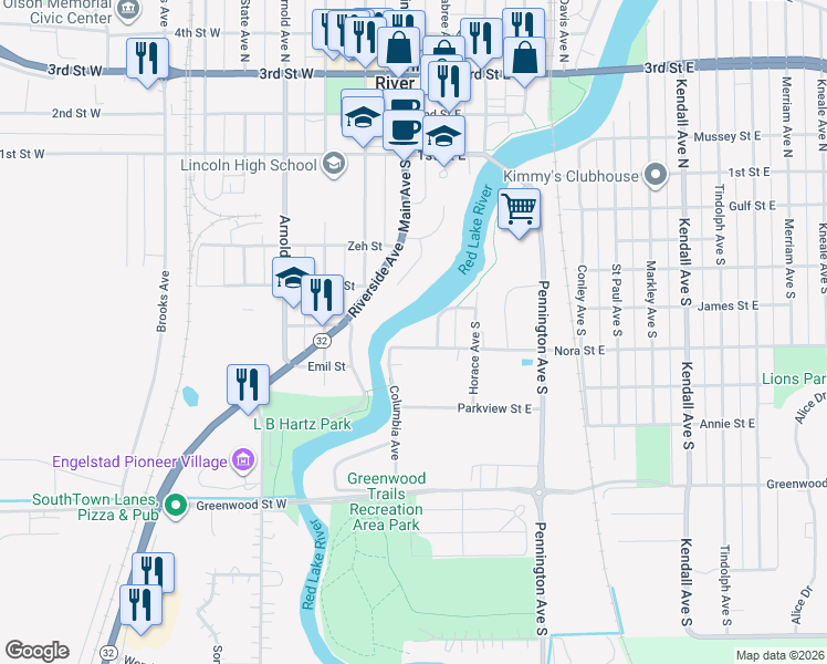 map of restaurants, bars, coffee shops, grocery stores, and more near 113 Nora Street East in Thief River Falls