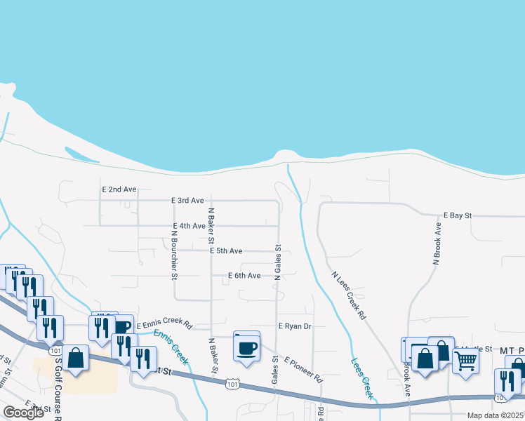 map of restaurants, bars, coffee shops, grocery stores, and more near 2358 East 3rd Avenue in Port Angeles