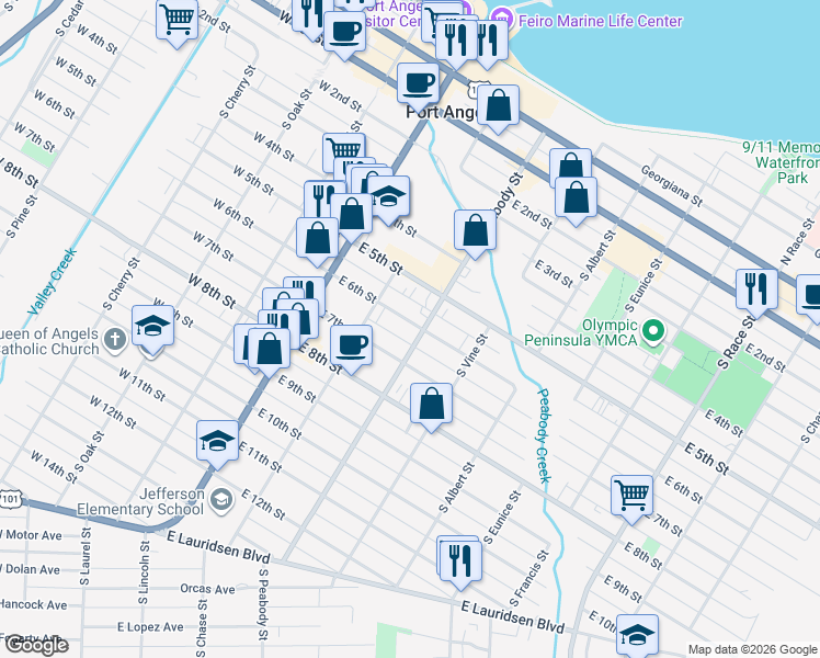map of restaurants, bars, coffee shops, grocery stores, and more near 520 South Peabody Street in Port Angeles