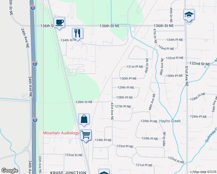 map of restaurants, bars, coffee shops, grocery stores, and more near 12924 43rd Avenue Northeast in Marysville