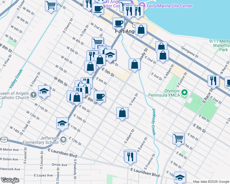 map of restaurants, bars, coffee shops, grocery stores, and more near 520 South Peabody Street in Port Angeles