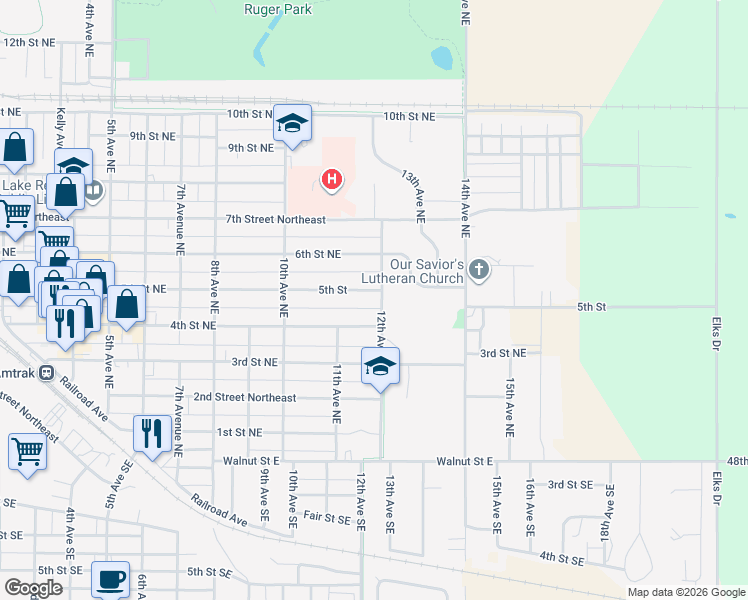 map of restaurants, bars, coffee shops, grocery stores, and more near 1124 5th Street in Devils Lake