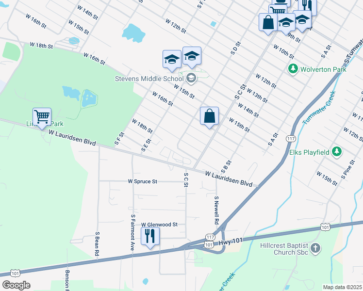 map of restaurants, bars, coffee shops, grocery stores, and more near 1037 West 18th Street in Port Angeles
