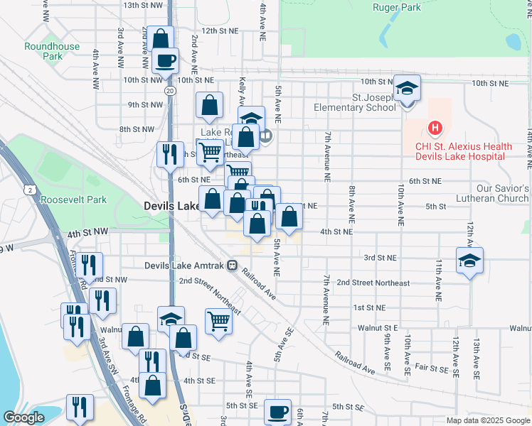 map of restaurants, bars, coffee shops, grocery stores, and more near 424 5th Street Northeast in Devils Lake