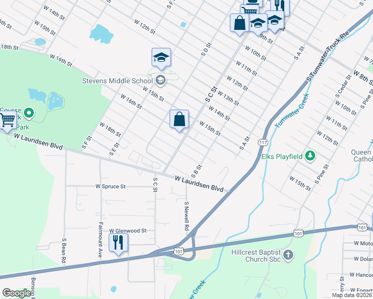 map of restaurants, bars, coffee shops, grocery stores, and more near 929 West 17th Street in Port Angeles