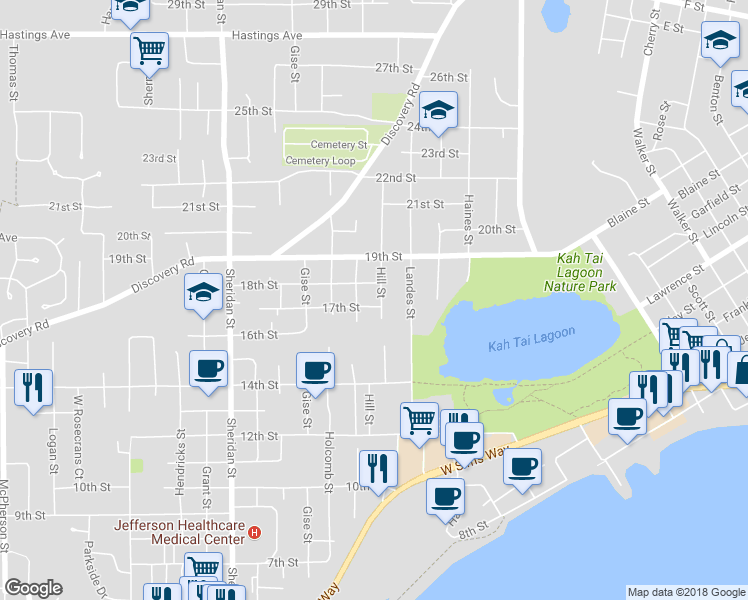 map of restaurants, bars, coffee shops, grocery stores, and more near 1711 Hill Street in Port Townsend