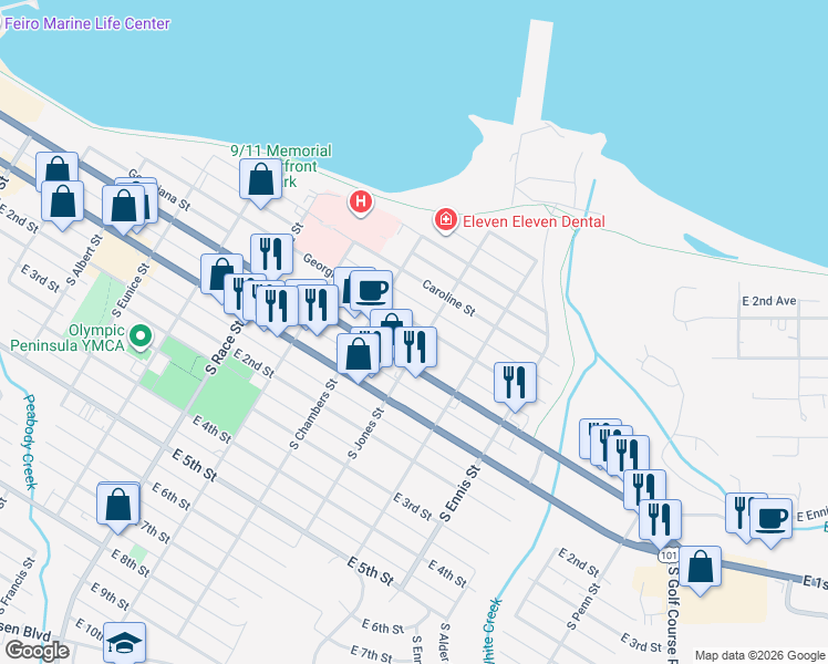 map of restaurants, bars, coffee shops, grocery stores, and more near 1130 Georgiana Street in Port Angeles