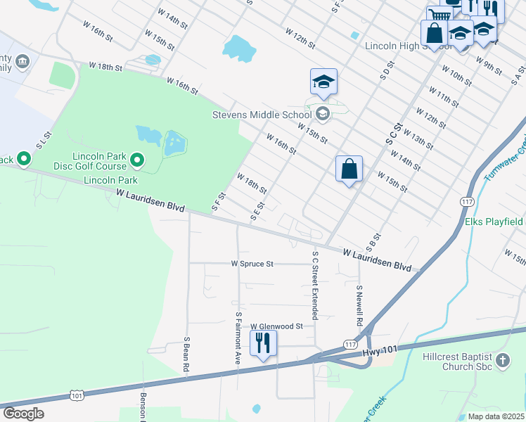 map of restaurants, bars, coffee shops, grocery stores, and more near 1136 West 19th Street in Port Angeles