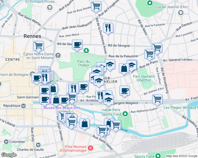map of restaurants, bars, coffee shops, grocery stores, and more near 39 Rue de Paris in Rennes