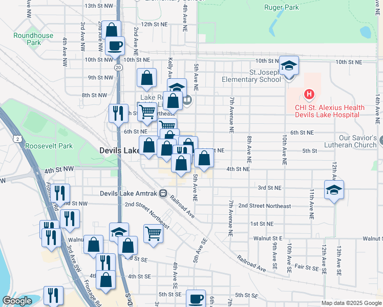 map of restaurants, bars, coffee shops, grocery stores, and more near 424 5th Street Northeast in Devils Lake