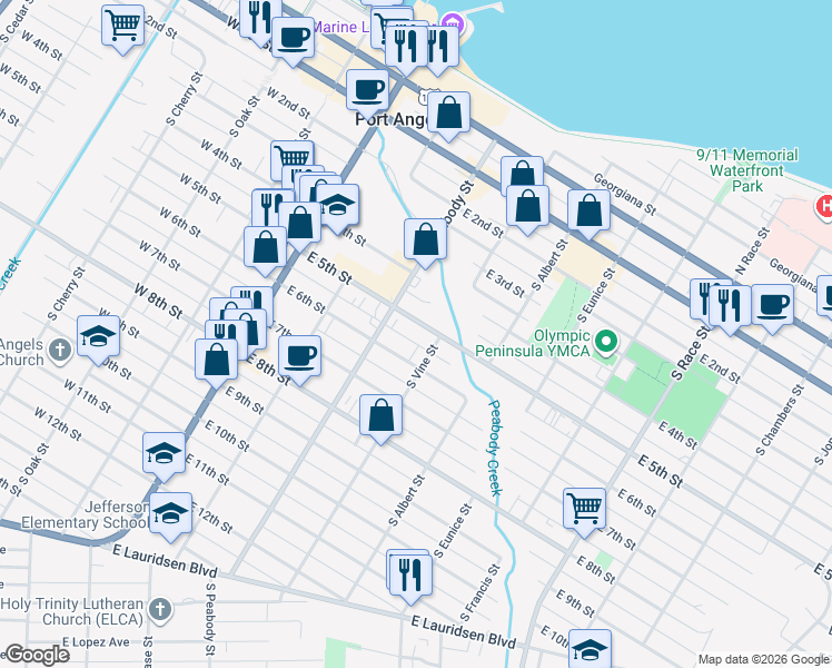 map of restaurants, bars, coffee shops, grocery stores, and more near 424 E 5th St in Port Angeles