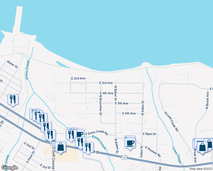 map of restaurants, bars, coffee shops, grocery stores, and more near 2222 East 3rd Avenue in Port Angeles
