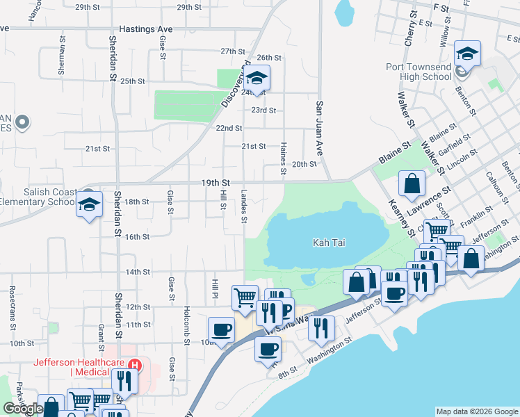 map of restaurants, bars, coffee shops, grocery stores, and more near 1721 Kuhn Street in Port Townsend