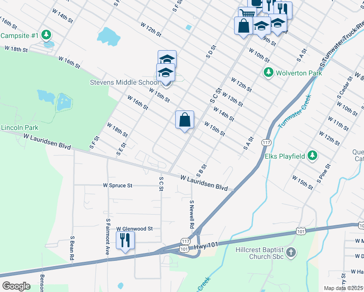 map of restaurants, bars, coffee shops, grocery stores, and more near 929 West 17th Street in Port Angeles