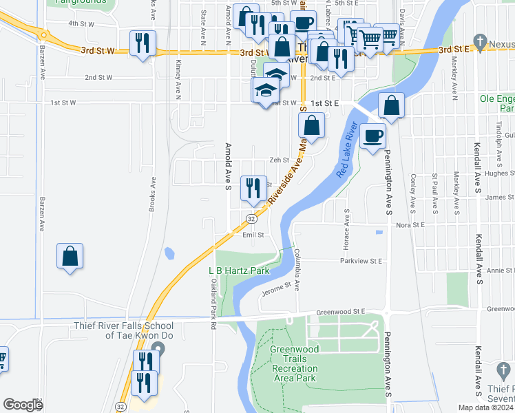map of restaurants, bars, coffee shops, grocery stores, and more near 420 Porter Street in Thief River Falls