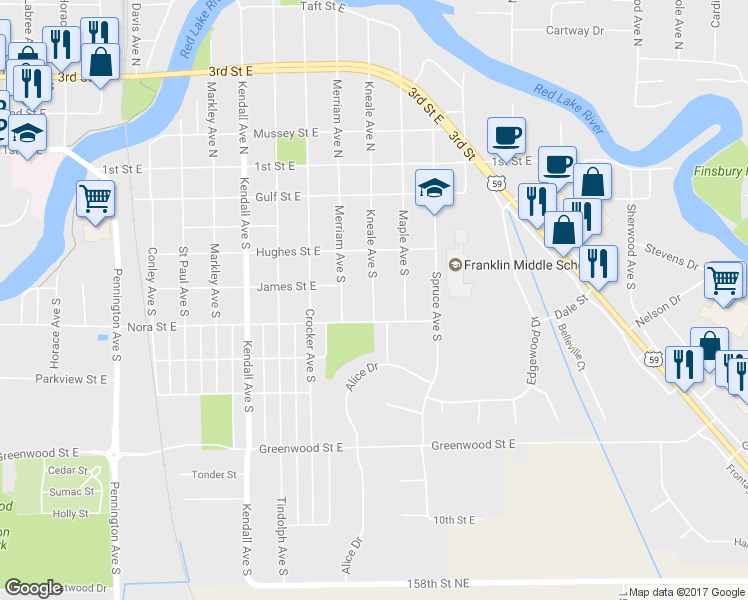 map of restaurants, bars, coffee shops, grocery stores, and more near 526 Kneale Avenue South in Thief River Falls