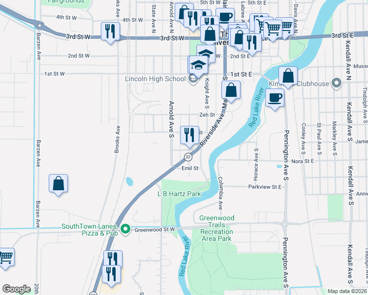 map of restaurants, bars, coffee shops, grocery stores, and more near 420 Porter Street in Thief River Falls