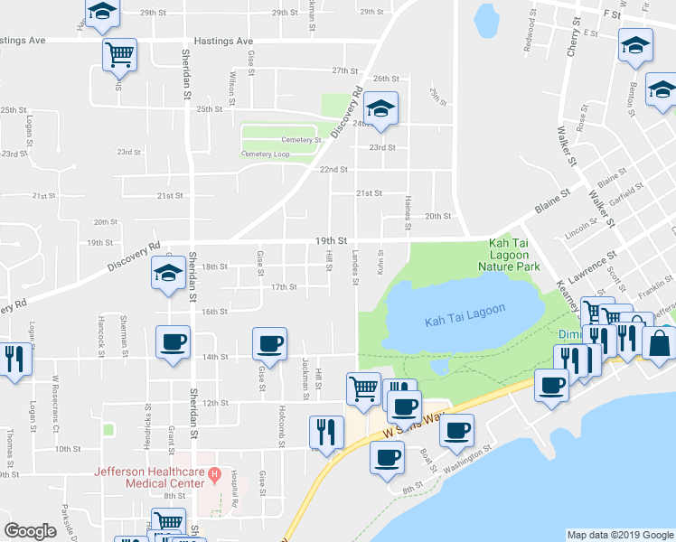 map of restaurants, bars, coffee shops, grocery stores, and more near 1711 Hill Street in Port Townsend