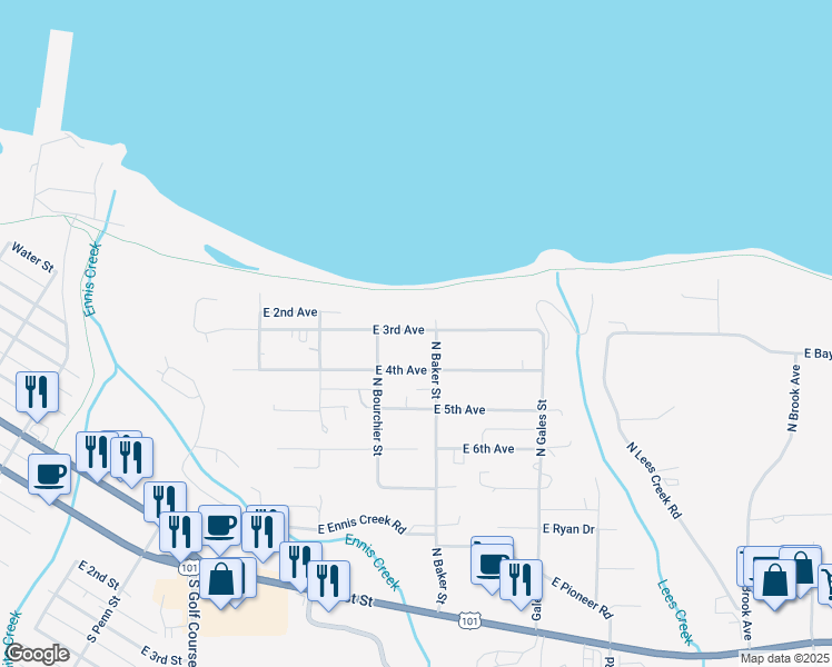 map of restaurants, bars, coffee shops, grocery stores, and more near 2222 East 3rd Avenue in Port Angeles
