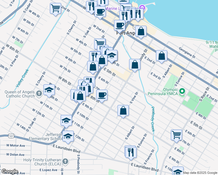 map of restaurants, bars, coffee shops, grocery stores, and more near 317 East 7th Street in Port Angeles