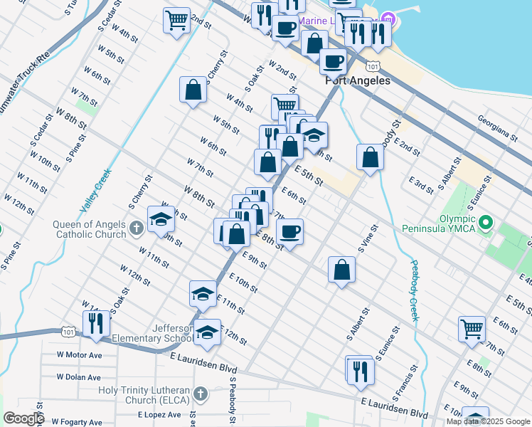 map of restaurants, bars, coffee shops, grocery stores, and more near 709 S Lincoln St in Port Angeles