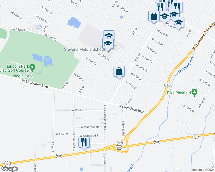 map of restaurants, bars, coffee shops, grocery stores, and more near 1012 West 17th Street in Port Angeles