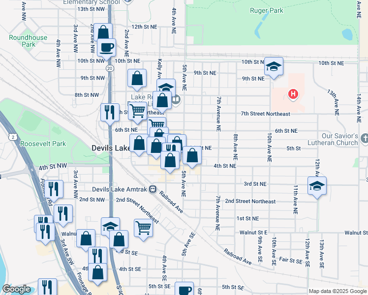 map of restaurants, bars, coffee shops, grocery stores, and more near 501 5th Street Northeast in Devils Lake