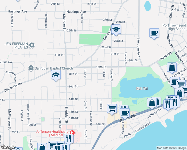 map of restaurants, bars, coffee shops, grocery stores, and more near 725 18th Street in Port Townsend