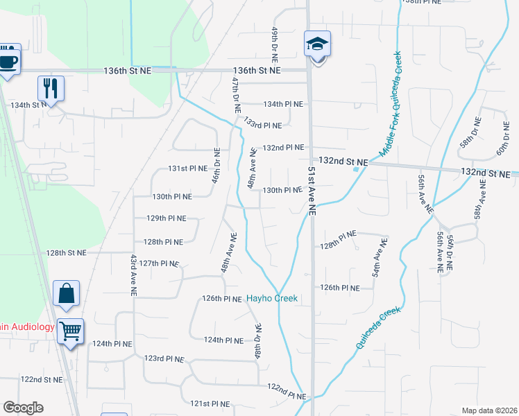map of restaurants, bars, coffee shops, grocery stores, and more near 129th Place Northeast in Marysville