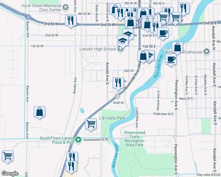 map of restaurants, bars, coffee shops, grocery stores, and more near in Thief River Falls