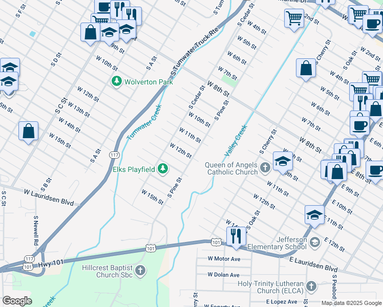 map of restaurants, bars, coffee shops, grocery stores, and more near 1203 South Pine Street in Port Angeles