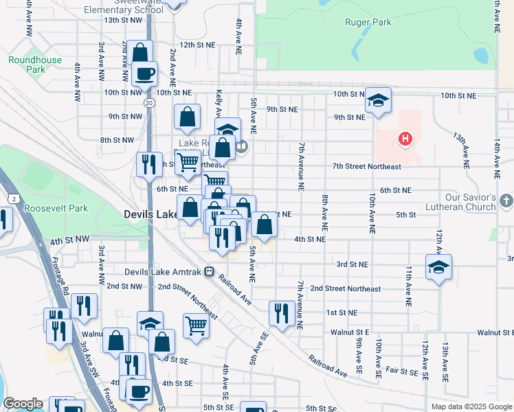map of restaurants, bars, coffee shops, grocery stores, and more near 501 5th Street Northeast in Devils Lake