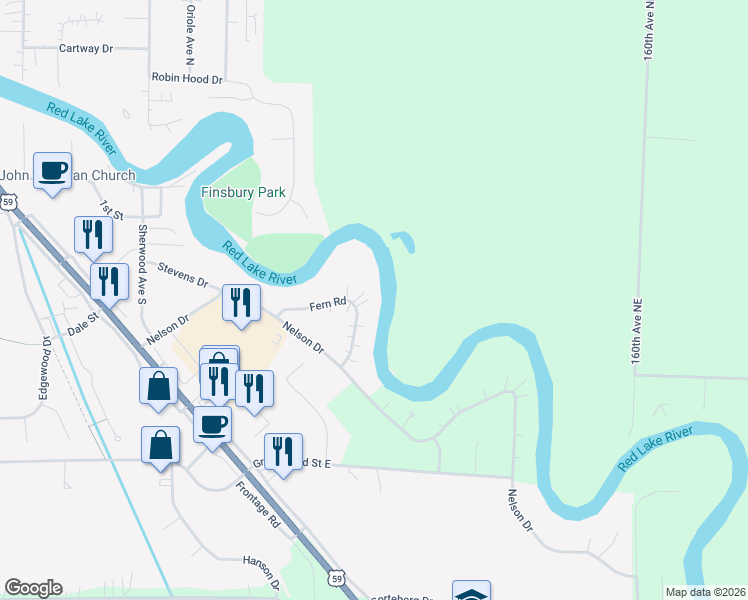 map of restaurants, bars, coffee shops, grocery stores, and more near 129 Fern Road in Thief River Falls