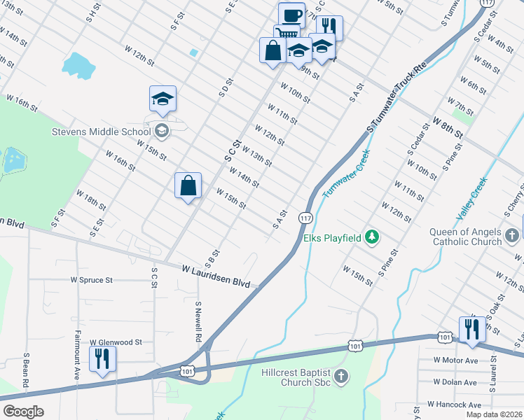 map of restaurants, bars, coffee shops, grocery stores, and more near 823 West 15th Street in Port Angeles