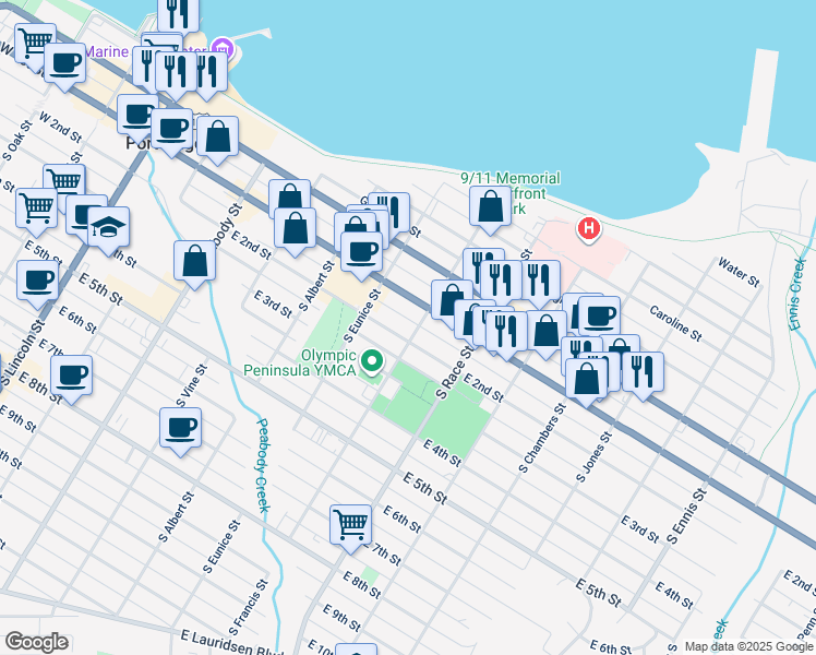 map of restaurants, bars, coffee shops, grocery stores, and more near 724 East 1st Street in Port Angeles