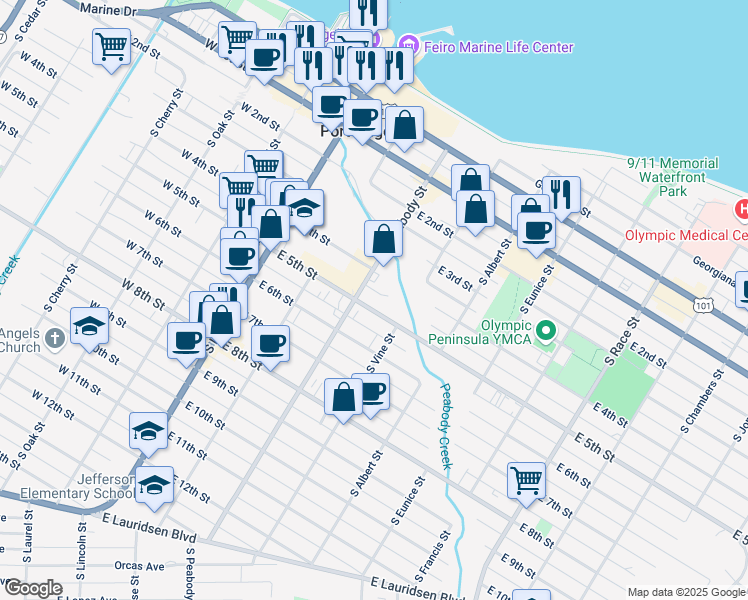 map of restaurants, bars, coffee shops, grocery stores, and more near 403 S Peabody St in Port Angeles