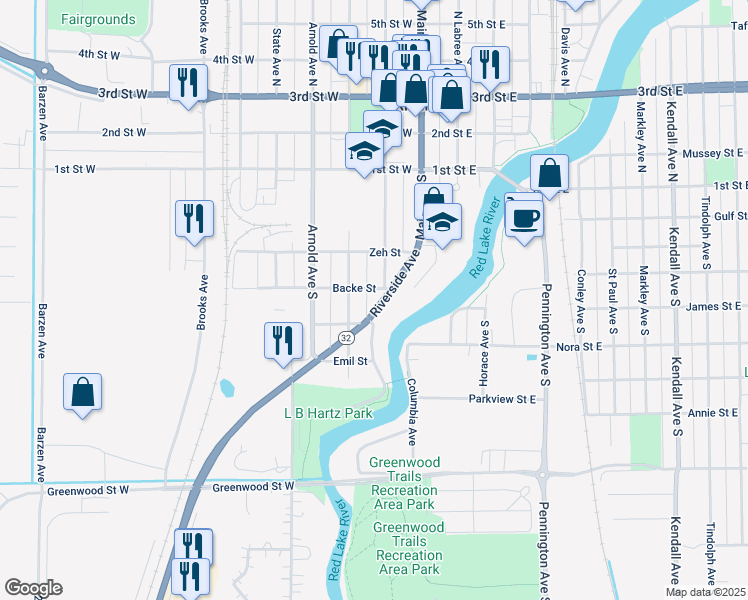 map of restaurants, bars, coffee shops, grocery stores, and more near 319 Riverside Avenue in Thief River Falls