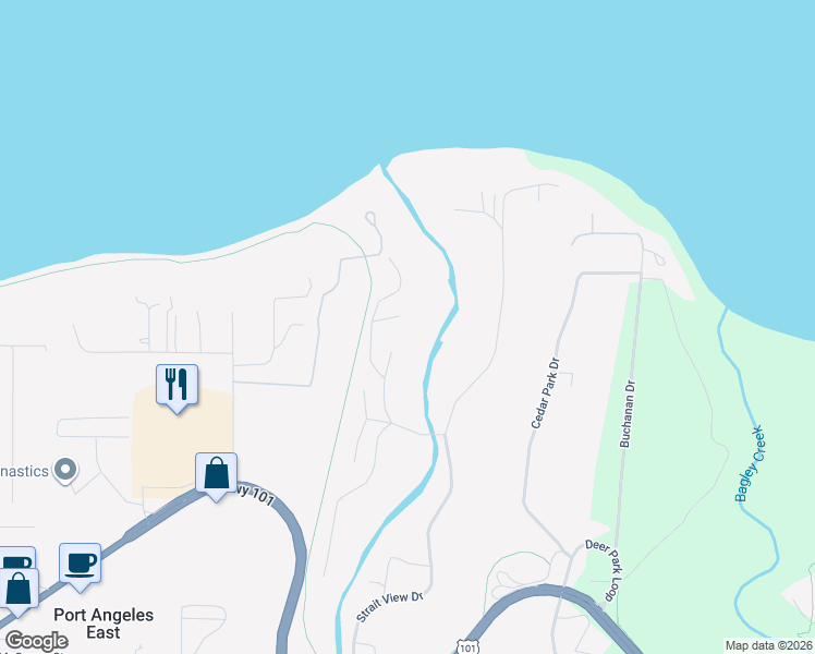 map of restaurants, bars, coffee shops, grocery stores, and more near 53 Olympic Lane in Port Angeles