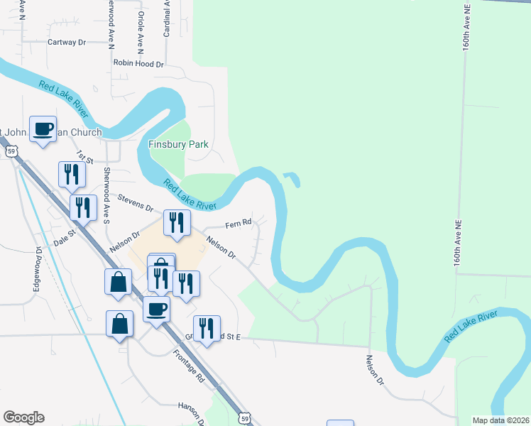map of restaurants, bars, coffee shops, grocery stores, and more near 129 Fern Road in Thief River Falls