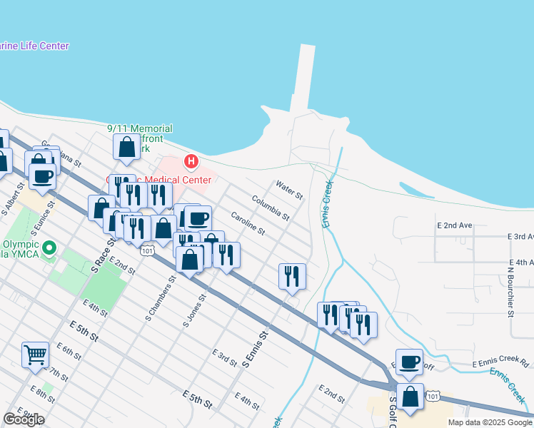 map of restaurants, bars, coffee shops, grocery stores, and more near 1212 1/2 East Columbia Street in Port Angeles