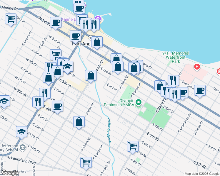 map of restaurants, bars, coffee shops, grocery stores, and more near 508 East 3rd Street in Port Angeles