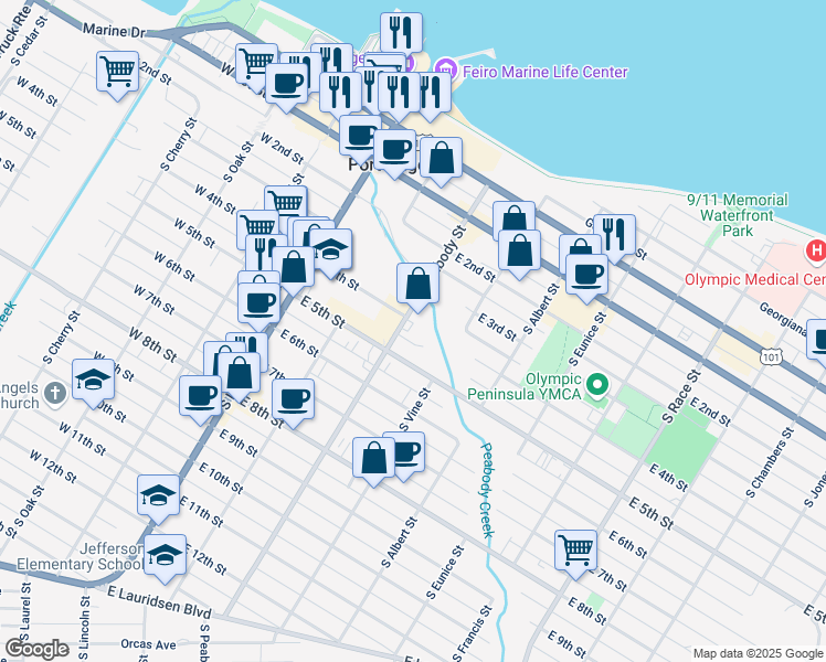 map of restaurants, bars, coffee shops, grocery stores, and more near 403 S Peabody St in Port Angeles