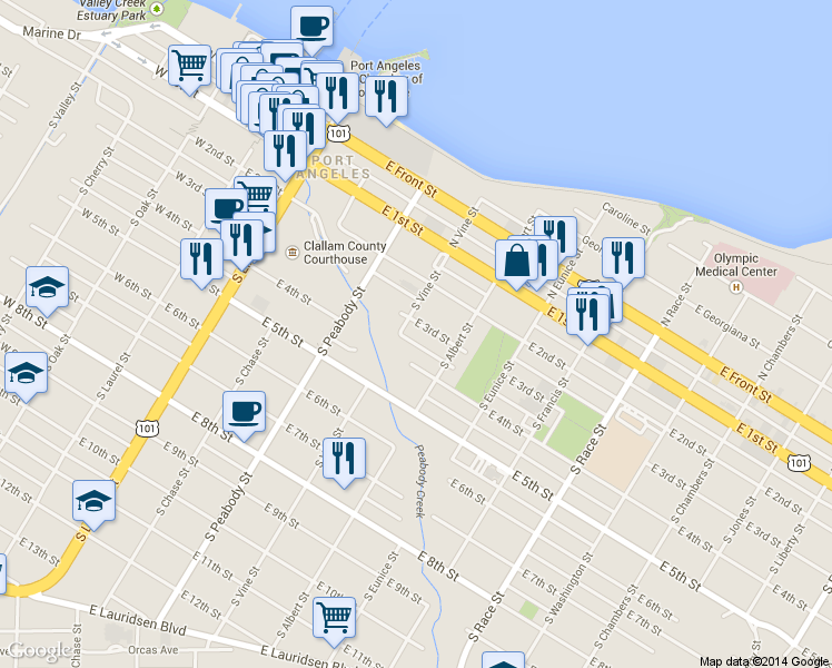 map of restaurants, bars, coffee shops, grocery stores, and more near 508 East 3rd Street in Port Angeles